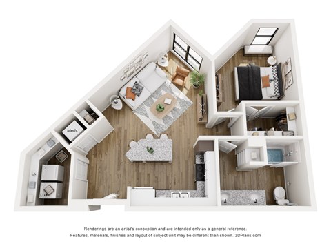 Floor plan for 1 bed, 1 bath, 775 sqft